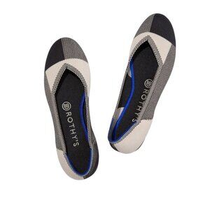 Rothy's The Flat Round Cap Toe Plaid Black Cream Retired Pattern Neutral Size 8